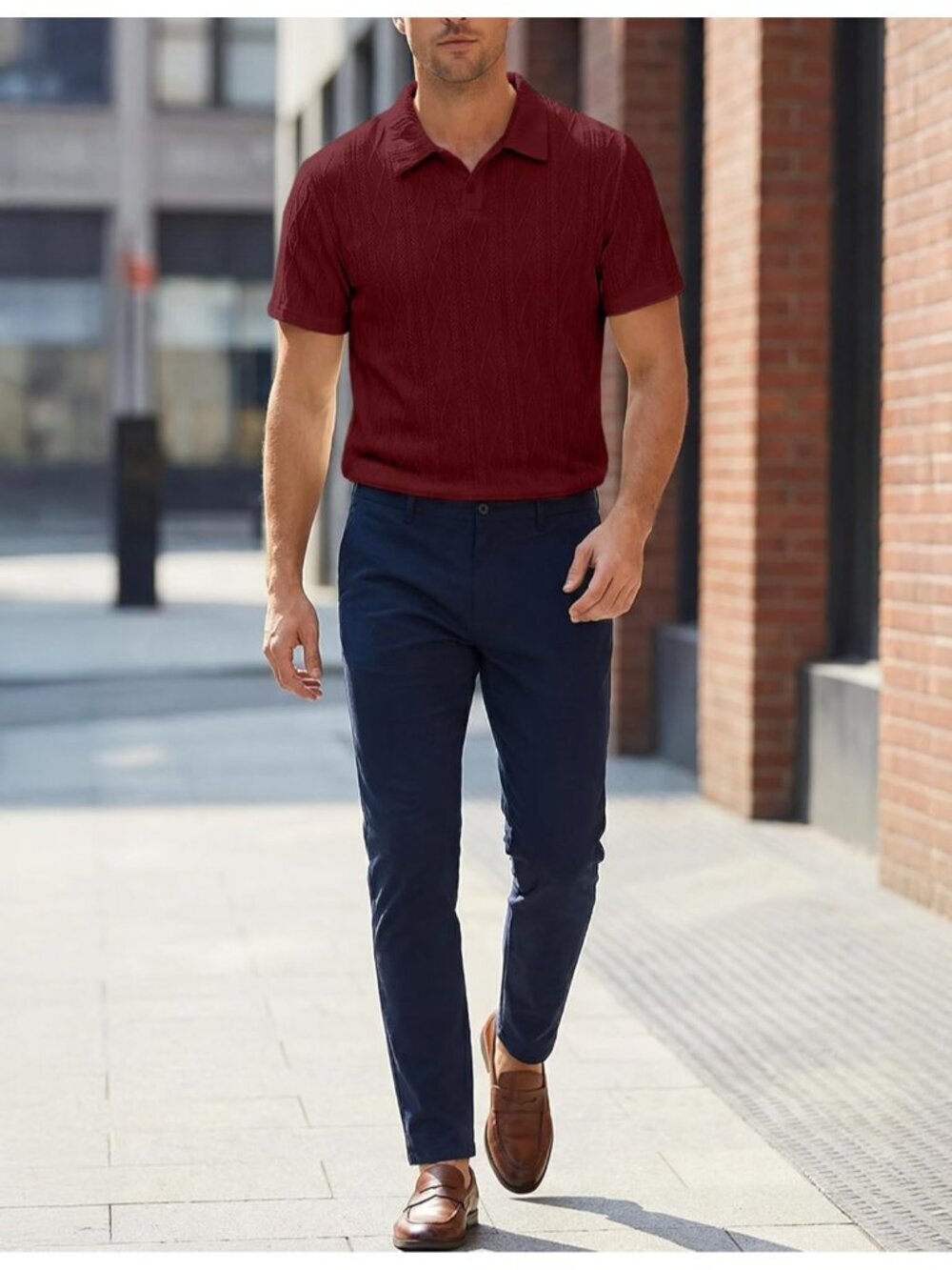 Men's Burgundy Short Sleeve Casual Golf Beach Button Summer Textured Polo Shirt - Picture 4 of 6
